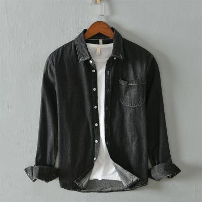 China Autumn Denim shirts spring anti-pilling black denim shirts men's shirts for men washed denim one pocket men's shirts for sale