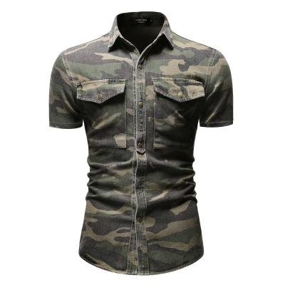 China Hot Sale Slim Fit Anti-pilling Double Pockets Denim Shirts Washed Denim Camouflage Style Men's Casual Shirts for sale