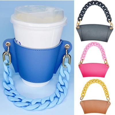 China Sustainable Wholesale Custom Reusable Leather Cup Sleeve With Detachable Handle Chain for sale