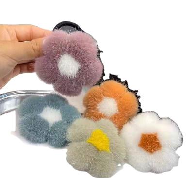 China Real mink fur floral style beautiful flower pattern hair scrunchy hair band, elastic fabric hair band for sale