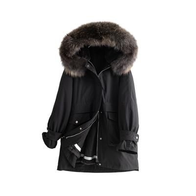 China 2022 winter women leeather fur coat Anti-wrinkle striped erkek duck down parkas raccoon fur coats fur hooded collar thick for sale