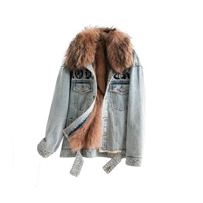 China Anti-wrinkle plus size women high quality leather coat with lattice winter parka denim fur coat with embroidery raccoon fur coat for sale