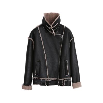 China wholesales 2021Spanish Anti-Wrinkle Sheepskin 100% Merino Leather And Fur Coat Short Jacket Black Color for sale