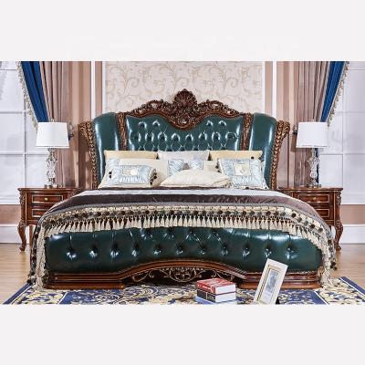 China New Next Luxury Antique Bed Frame Solid Wood Genuine Green Leather Wood Carved Size Queen Size for sale