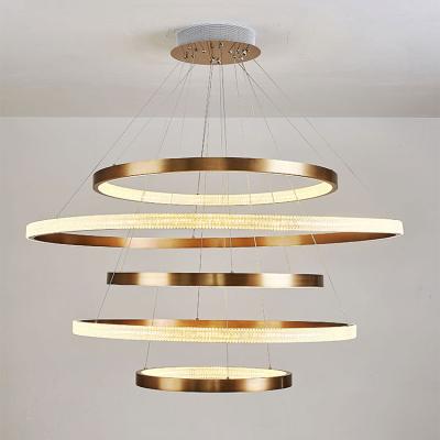 China Modern Hotel Living Room Long Gold Plated Circle Villa Stair Light Chandelier for sale