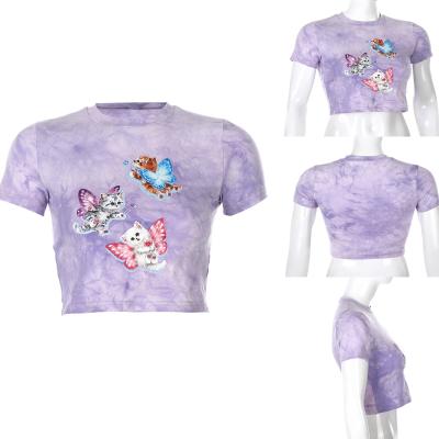 China Anti-wrinkle Butterfly Printed Crew Casual Short Crop Women's T-Shirt Basic Top Streetwear Top for sale