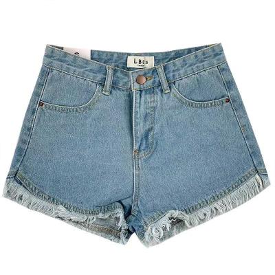 China Anti-Wrinkle Women Distressed Rolled Edge Denim Shorts 2021 High Waist Cotton Hot Sale Hole Denim Slim Wash Elastic Shorts for sale