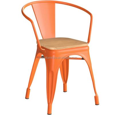 China Affordable Orange High Back Armrest Restaurant Cafe Bistro Metal Dining Chair With Wood Seat for sale