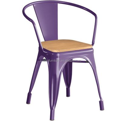 China Affordable Purple Back High Armrest Restaurant Cafe Bistro Metal Dining Chair With Wood Seat for sale