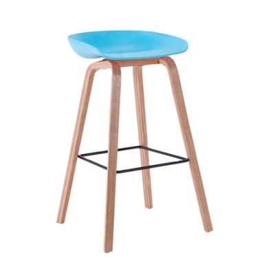 China Counter Design Contemporary Scandinavian Blue Height Plastic Bar Chair With Wooden Leg for sale