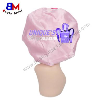 China Beauty elastic female adult hair care logo satin hood picture customized wide night cap with head tie for sale