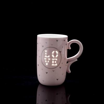 China Love Pattern Rose Color Coffee Cup Sustainable Glazed Ceramic Mug For Tea for sale