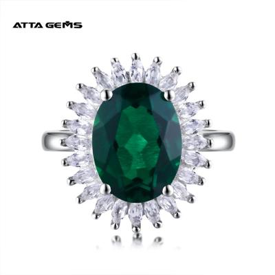 China 925 Sterling Silver Synthetic Green Emerald Diamond Engagement Rings for sale