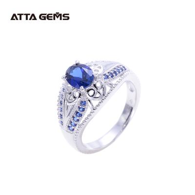 China Custom Created Sapphire Mens Blue Oval 6mm*8mm Sapphire Ring 925 Silver Ring With Blue Stone for sale