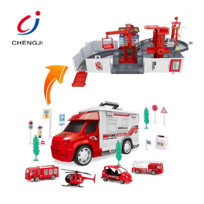 China Toy Hot Sale Transport Carrier Container Truck Diecast Parking Lot Diecast Toy Vehicles Fire for sale