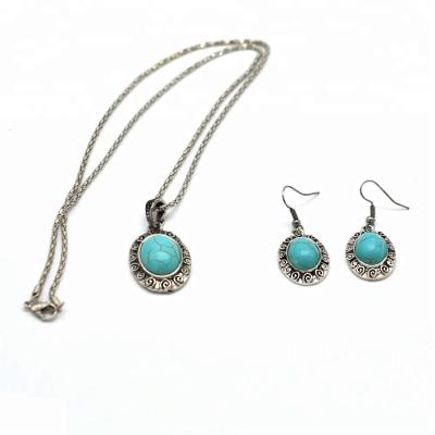 China CLASSIC Style Women Bohemia Fashion Cheap Antique Silver Turquoise Earrings And Stone Necklace Jewelry Set for sale