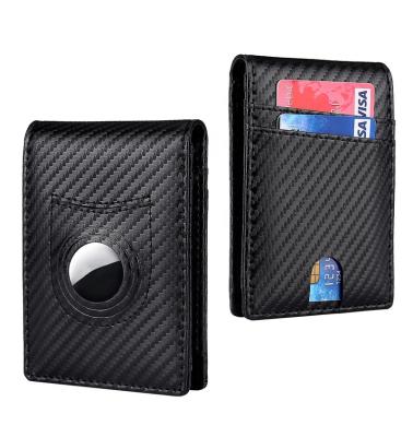 China Large Capacity Slim Minimalist Genuine Leather RFID Blocking Front Pocket Mens Slim Bifold Wallet With Built-in AirTag Case Holder for sale