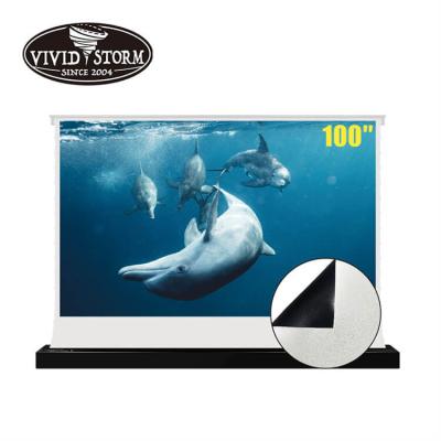 China Home Cinema Floor 100 Long Jet Electric Automation Floor Rising Motorized Portable POS Projector Screen for sale