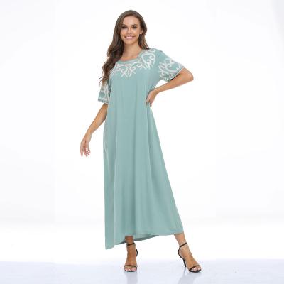 China Linen Factory Muslim Women's Dress Dubai Oversize Dress Middle East Summer Short Sleeve Long Dress Loose Women Thobe for sale