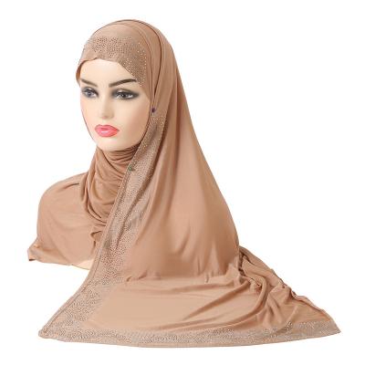 China Muslim Headscarf  Ice silk hot mineral gray diamond scarf hat hijab directly pulls on the head scarf Muslim headscarf for sale