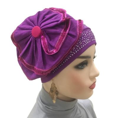 China Muslim Headscarf  European and American fashion big flower perm drill turban cap sequin chemotherapy cap base cap Muslim headscarf for sale