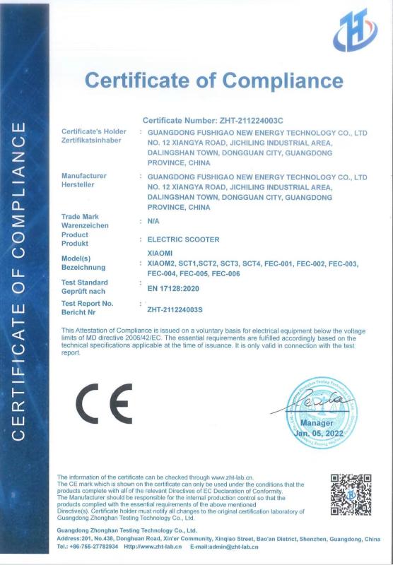 Certificate of Compliance - GUANGDONG EV NEW ENERGY CO.,LTD