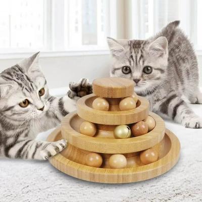 China Viable Natural Bamboo Wood Tower Turntable Circle Track Cat Toy Ball Interactive Roller Cat Ball Track Toys Roller 3-Level for sale