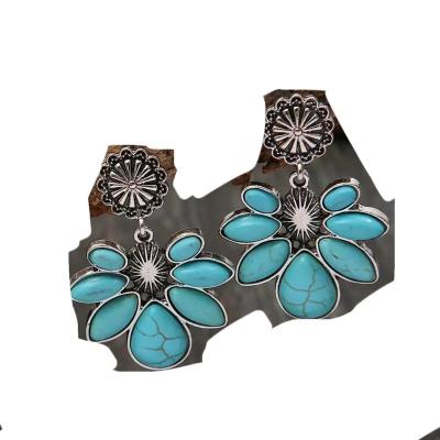 China UA749 Dropshipping Boho Ethnic Vintage Turquoise Metal Western Flower WaterDrop Dangle Earrings For Women Girls for sale