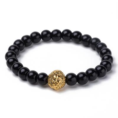 China UA94 Vintage Dropship Fashion Black Onyx Bead Bracelet Lion Head and Crown Bracelet for Women Men for sale