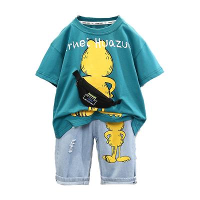 China Factory Set Casual Wholesale 4-12 Years Old 2 Piece Garfield Cartoon Fashion Boy Denim Suit Jeans With Chest Bag for sale