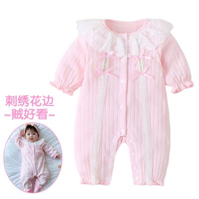 China Cotton 100% 2022 Newborn Soft Lace Spring Neck Jumpsuit Design Baby Rompers for sale