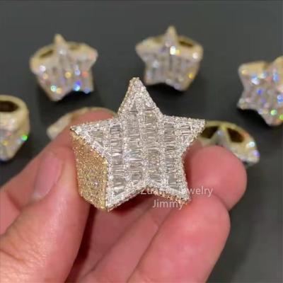 China Hiphop Wholesale Price Hotsale VVS Baguette Moissanite Diamond 18k Gold Plated Iced Out Star Rings for sale