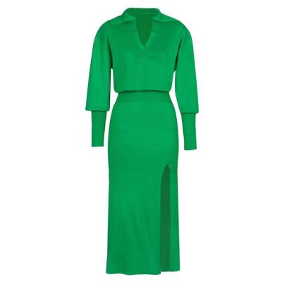 China Wholesale Fashion Streetwear Casual Elegant Casual V-neck Green Slit Anti-Static Knit Midi Sweater Dress Slim Solid Colored Dresses for sale