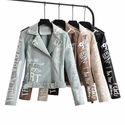 China Waterproof Casual Coat Printed Pu Leather Jacket Women Graffiti Print Biker Jackets Street Wear Punk Jacket for sale