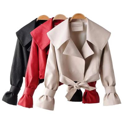 China New European and American girls high quality lapel bow tie fashion motorcycle PU waterproof large leather jacket for sale