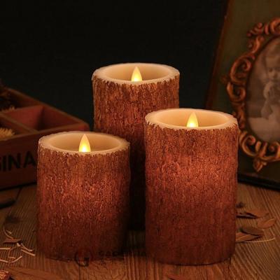 China Set Of 3 Bark Simulation Pillar Flameless Led Candles With 10 Key Remote And Cycling 24 Hours Timer for sale