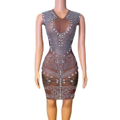 China Diamond Shiny Fashion Anti-Static Tank Top Plus Size Dress Mesh Party Club Rhinestone Dress Reflective for sale