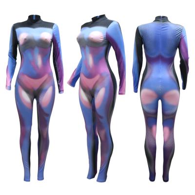 China QUICK DRY fashion printed high neck long sleeve tie dyed tight 3D pattern women's JUMPSUIT for sale