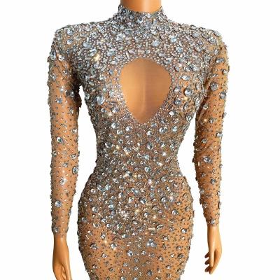 China Sparkly Summer Dresses Silver Bead Rhinestone Dance Costumes For Women Dancewear Nightclub Singer Evening Dress for sale