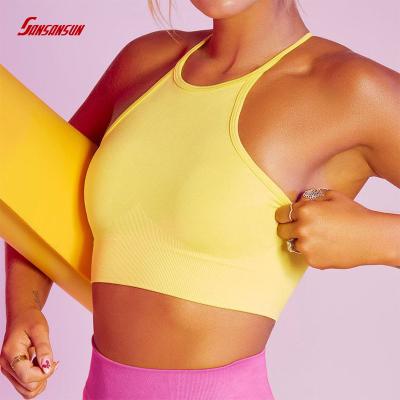 China New Custom Manufacturers Clothing Yoga Wear Woman Gym Seamless Tops Tight Back Vest Sportswear Breathable Elastic Running Beautiful for sale