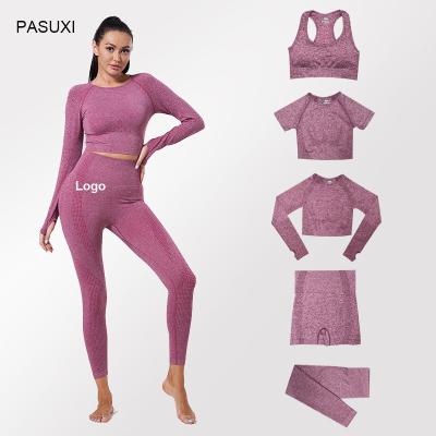 China 5 Pieces Yoga Set Wholesale Ladies Running Women Fitness Stretchy Gym Breathable Leggings High Waist Seamless Yoga Set for sale