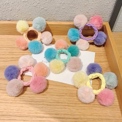 China IFOND Cute Thick Soft Fur Elastic Hair Circle Rope 5 Pom Pom Hair Ties Faux Mink Hair Decoration IFOND Balls Scrunchies For Women for sale