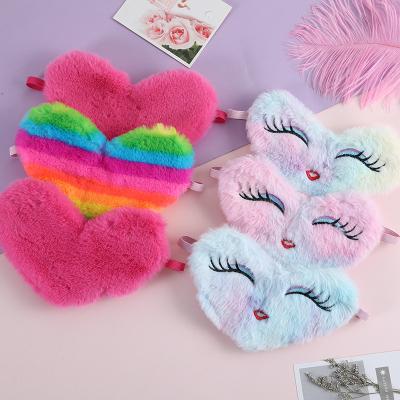 China Cute Heart Style Anti-puffiness Hot Pink Eye Mask Rainbow Soft Furry Sleep Mask for sale