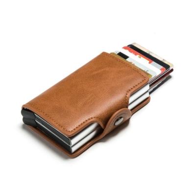 China Slim Minimalist Wallet New Double Box High Quality RFID Card Holder Metal Aluminum Leather Wallet for sale