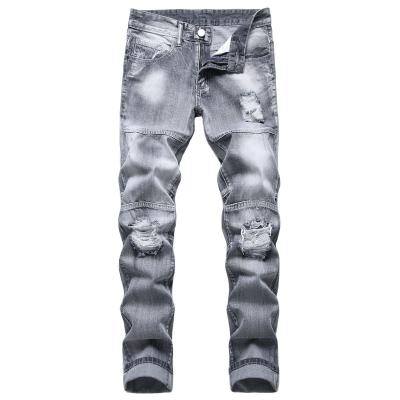 China New QUICK DRY Mens Fashion Jeans Slim Fit Light Gray Distressed Ripped Jeans Mens Jeans for sale