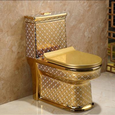 China WC Luxury One Piece Gold Toilet Bowl Bathroom Toilet Double-Flow Sanitary Ware Gold Color Ceramic Toilet for sale