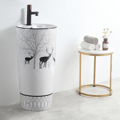 China Wholesale New Design Hotel Hand Position Bathroom Modern Freestanding One Piece Bathroom Round Pedestal Wash Basin For Hotel for sale