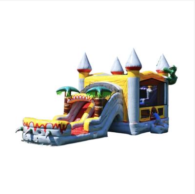 China PVC Tarpaulin Jumping Castle 0.55mm Customize Inflatable Combo Bounce House T Rex Island Dual Lane Water Slide for sale