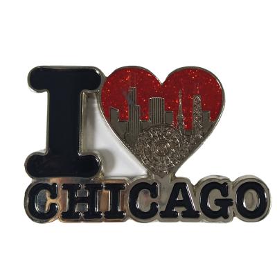 China Shape Fridge Magnet Wholesale 3D Custom Metal Heart Shape Me Love Chicago Logo USA City View Fridge Magnet for sale