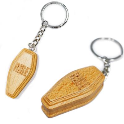 China 3D Coffin Shape Simple Wooden Key Chain For Keepsake Funeral Memorial Coffin Key Chain for sale